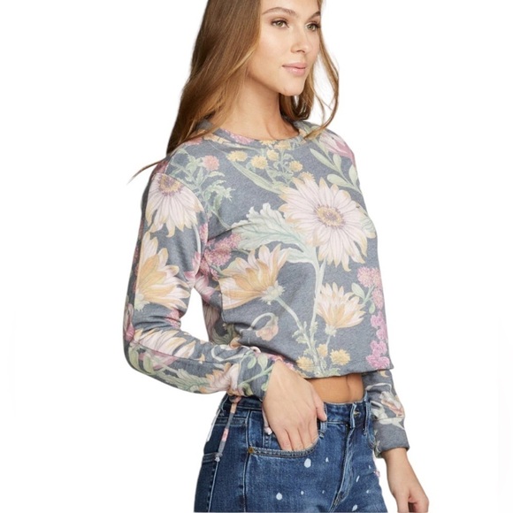 NEW CHASER Drawstring Shirred Long Sleeve Cropped Pullover Floral Top Size Small - Picture 1 of 12